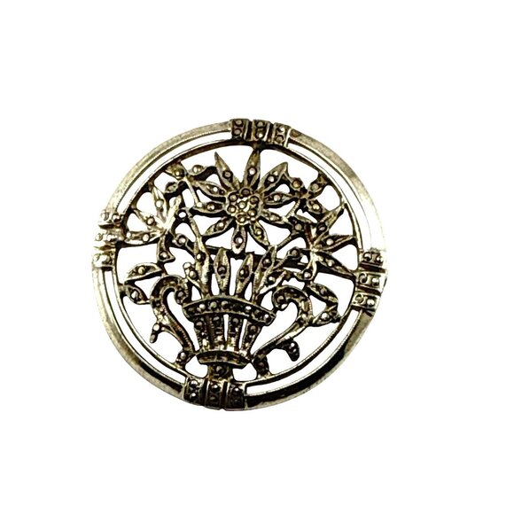 Vintage Sterling Silver Flower Basket Brooch Marcasite Round Pin - Picture 7 of 8